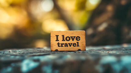 A small wooden label with the words "I love travel" written on it
