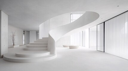 Obraz premium Modern Minimalist White Spiral Staircase in a Luxurious Open Plan Home Interior