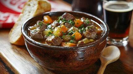Rustic Liverpool scouse stew in handmade ceramic bowl, rich with beef and vegetables served with crusty bread. Comforting meal for Global Scouse Day