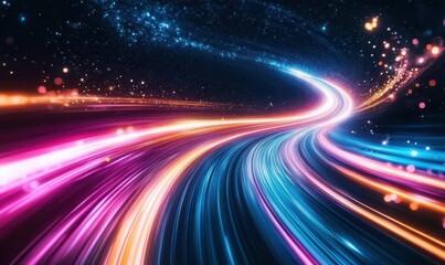 Abstract view of swirling galactic waves in vivid shades of pink, blue, and orange, dynamic light trails creating cosmic energy,