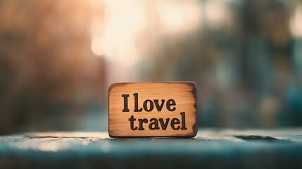 A small wooden label with the words "I love travel" written on it
