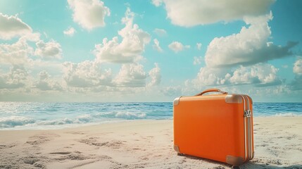 Orange Suitcase on Sandy Beach with Ocean View under a Sunny Sky
