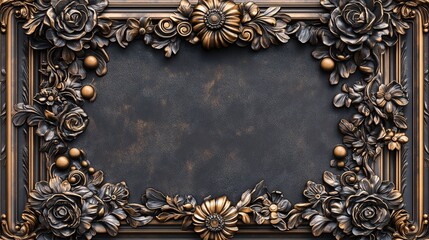 Ornate Bronze Frame with Floral Carvings and Dark Background Texture