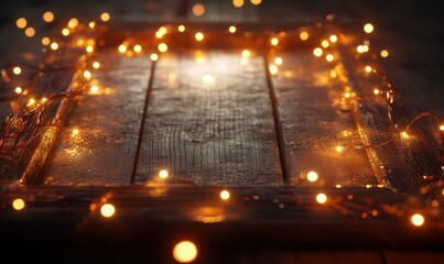 Artistic shot of glowing fairy lights wrapped around a rustic wooden frame, casting warm golden light for a cozy holiday vibe