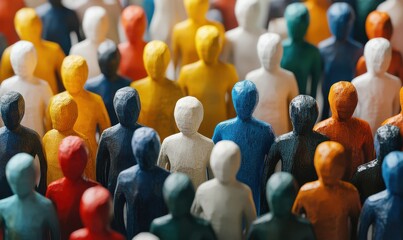Obraz premium Artistic composition of diverse multicolored figurines arranged in rows, symbolizing unity, community, and diversity