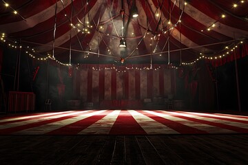 Empty stage inside a red-and-white striped circus tent at night, awaiting the show to begin
