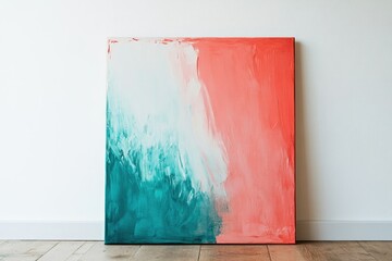 Abstract art painting with teal, white, and coral colors creating a blend of textures and tones.