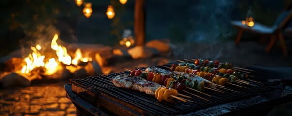 Evening outdoor barbecue with grilled skewers by campfire ambiance