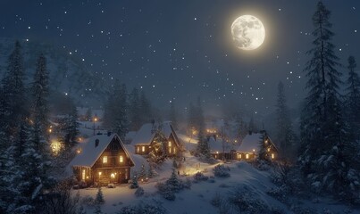 Fototapeta premium Atmospheric snow-covered village glowing softly under a bright full moon, surrounded by frosted pine trees for a peaceful winter scene