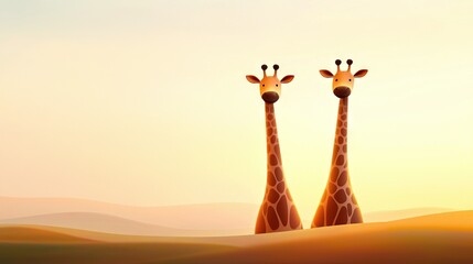   A pair of giraffes gracefully stand together on a lush green field as the sun sets in the distance behind them