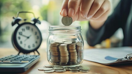Person saving money in a glass jar,  planning for the future. Financial security, economic growth, and wealth building concepts illustrated.