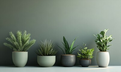 Beautiful greenery and plants arranged artistically in minimalist pots, symbolizing nature and tranquility in modern spaces.