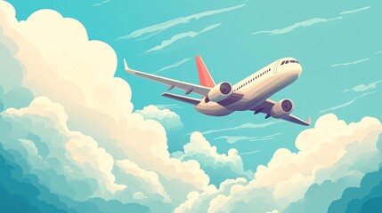 Naklejka premium Pixel Art Airplane Soaring Through Fluffy Clouds in a Bright Blue Sky