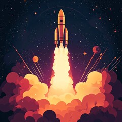 Pixel Art Rocket Launching into a Starry Night Sky