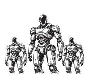 Robots black and white vector illustration