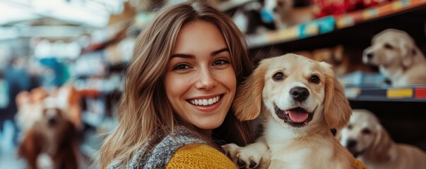 Smiling woman holding puppy in pet store surrounded by dog toys and accessories