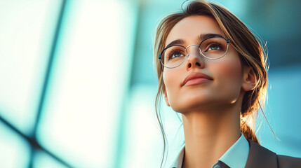 Obraz premium Contemplative young professional woman gazes upward, with glasses. Confident, modern, and aspiring, set against a modern backdrop.