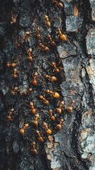 Close-up of numerous reddish-brown ants crawling on a dark tree bark.