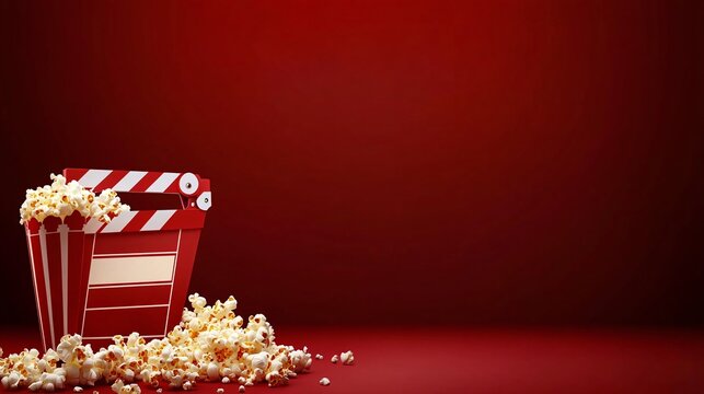 Red popcorn bucket and clapperboard on a red background. 3D rendering. Movie night concept. Perfect for movie promotions, cinema ads, and entertainment websites.