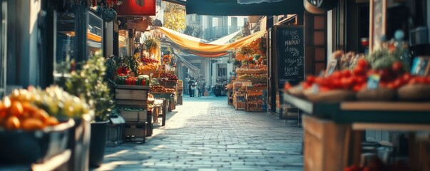Charming cobbled street market with colorful produce stands and sunlit canopy in european city