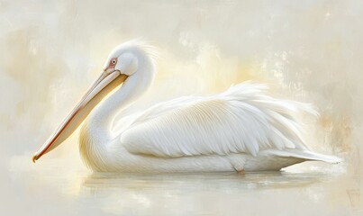 Obraz premium Elegant pelican with a sharp beak and white feathers, set against a soft neutral background, emphasizing the grace and detail of this aquatic bird