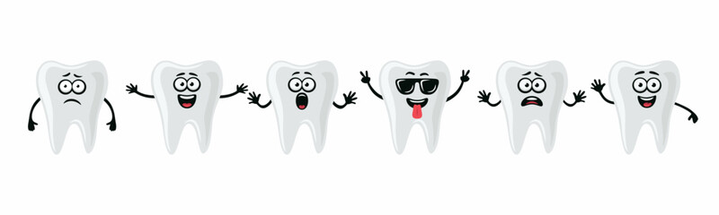 Adorable Tooth Characters Showing Different Emotions. Flat Vector Tooth Illustration - Happy, Excited, Sad, Scared Expressions. Cute Tooth Design Templates for Dental Logos, Marketing, Dental Branding