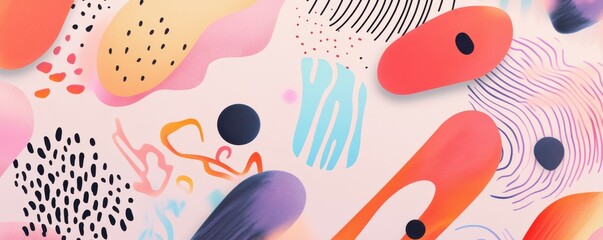Abstract colorful geometric shapes on pastel background with dots and lines