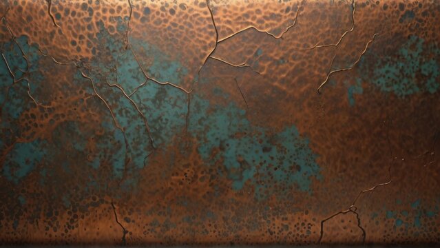 Distressed copper texture with verdigris patina and cracks.  Aged, weathered surface with a rich, antique feel. Perfect for backgrounds, textures, or vintage design projects.
