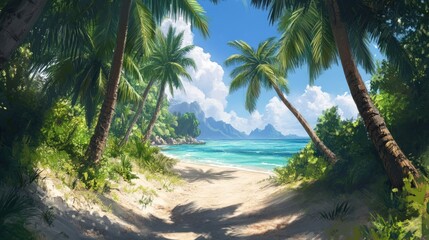 Tranquil Tropical Beach Paradise: A digital painting of a serene beach scene, showcasing lush palm trees, pristine sand, and turquoise waters, creating a picture of idyllic relaxation.