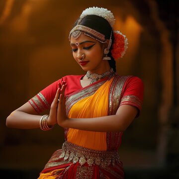 Indian Classical Dancer in Traditional Attire Performing a Graceful Namaste Gesture