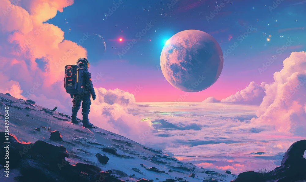 Poster astronaut standing on a surface overlooking a planet and space with stars and clouds. futuristic spa