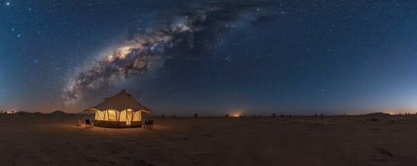 Starry night over desert camp with glowing tent under milky way galaxy