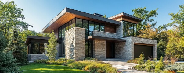 Fototapeta premium Modern two-story stone house with large windows surrounded by lush greenery