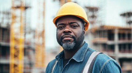 A portrait of a middle-aged Black man wearing a yellow hard hat and denim work attire, confidently standing at a construction site, showcasing his professionalism and experience.