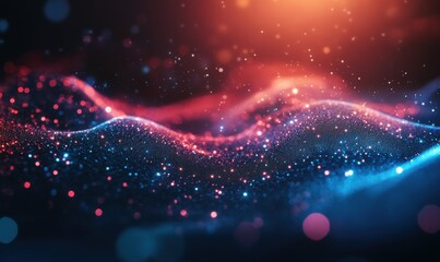 Abstract molecular visualization with glowing particles floating in a dark space, vibrant red and blue hues creating a futuristic medical research theme, bold clean design