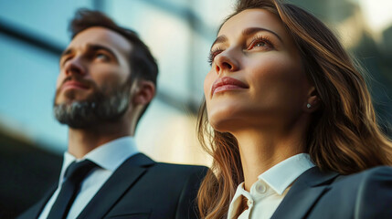 Driven professionals gaze ahead, envisioning success in their careers. Poised for future growth, they seek new opportunities.