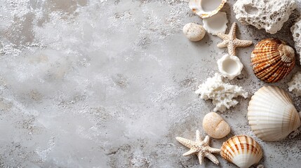 Obraz premium Seashells and starfish on a grey background, beach theme