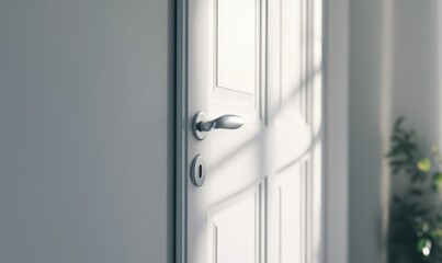 Elegant white door with a sleek silver handle glowing softly under natural light, creating a clean and minimal composition
