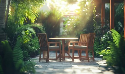 Obraz premium Bright outdoor patio with modern wooden furniture surrounded by lush greenery and illuminated by soft natural sunlight for a relaxing atmosphere,