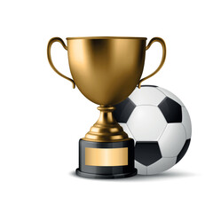 Vector 3D Realistic Golden Winner Champion Cup and Soccer Ball Set. Metal Trophy Design Template for Sports Championship. Trophy and Soccer Ball, Front View. Vector Illustration for Sports Concepts