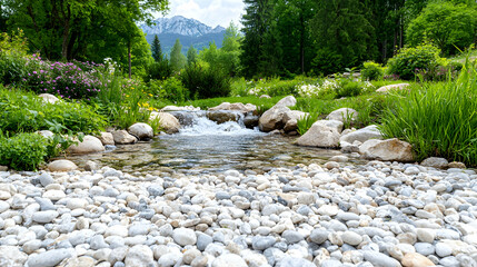 Serene mountain stream flows through garden