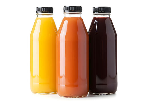 Three bottles of natural juices stand in row against white background. Bottle filled with different coloured juice. Bottles black caps, clear glass. No labels visible. Still product shot.