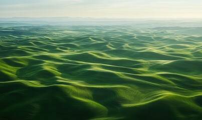 Fototapeta premium Expansive aerial view of rolling green hills under a clear blue sky, illuminated by bright sunlight with soft shadows highlighting the contours of the landscape