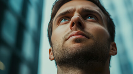 Fototapeta premium Focused gaze towards the sky; a portrait of aspiration, hope, and the pursuit of dreams, set against an urban backdrop.