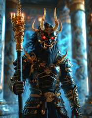 Black and golden Japanese Oni demon, mysterious marble temple, samurai armour with intricate golden ornaments, golden mask, glowing red eyes, divine luxury, Japanese folklore mythology