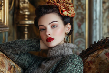 Glamorous retro model with statement accessories posing against antique decor