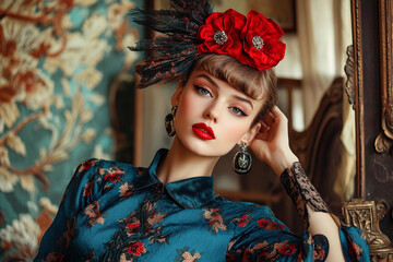 Glamorous retro model with statement accessories posing against antique decor