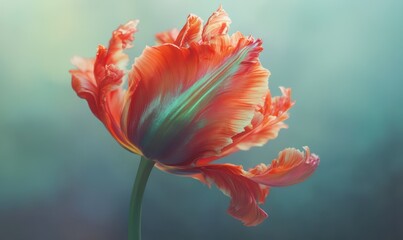 Close-up of a vibrant red-and-green parrot tulip, its petals curling dramatically, captured in soft light with a blurred background