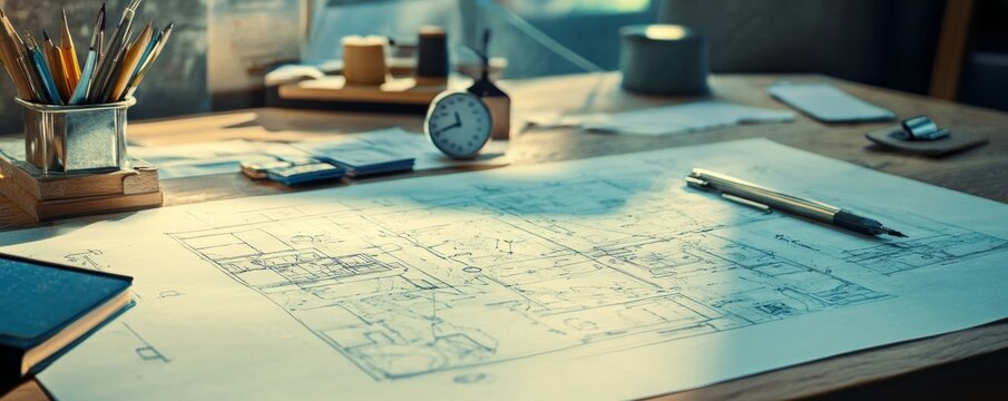 Architectural blueprints on desk with drawing tools and morning sunlight
