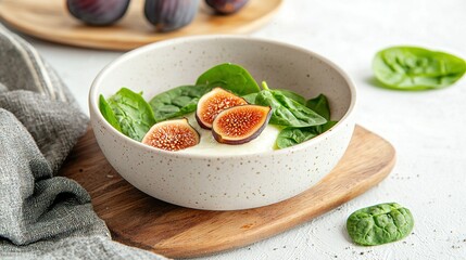   A white bowl filled with fig slices on a wooden cutting board alongside green veggies